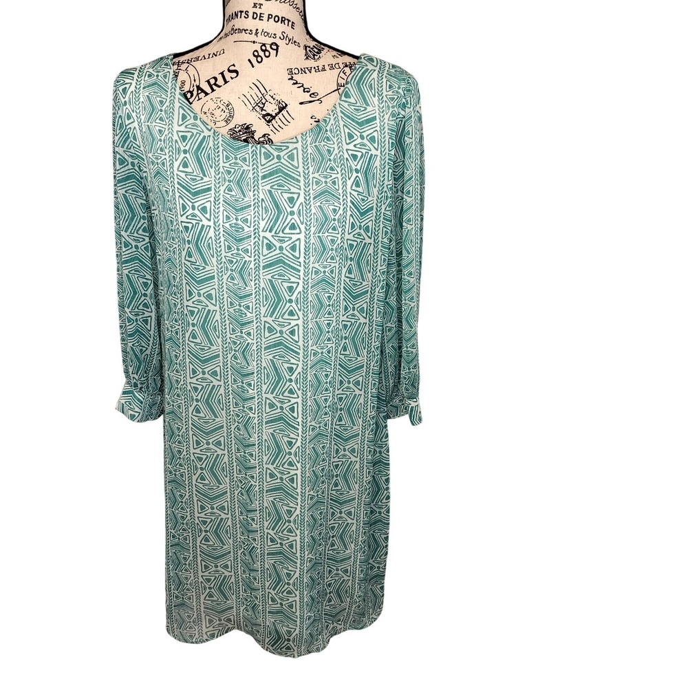 Three Hearts Womens L‎ Geometric Print Sheer Sleeve Lined Dress Open Strap Back